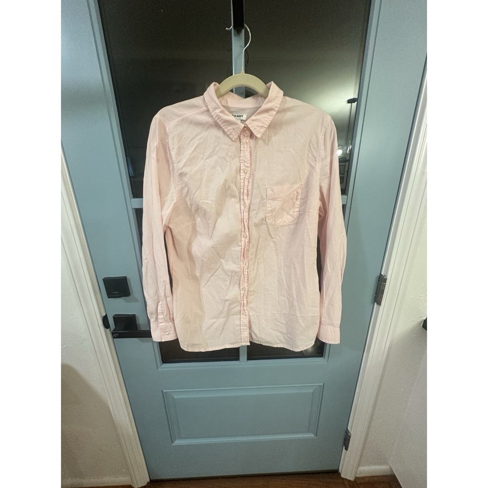 Old Navy Button Up Long Sleeve Blouse Top Pink 100% Cotton Pocket Womens sz L